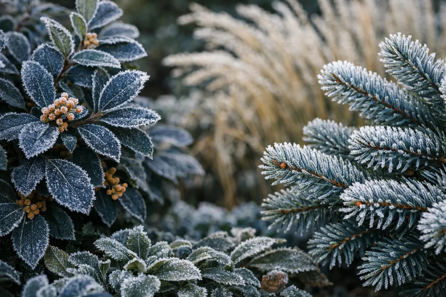 Frosty evergreen foliage, icy leaves, and frozen pine branches.