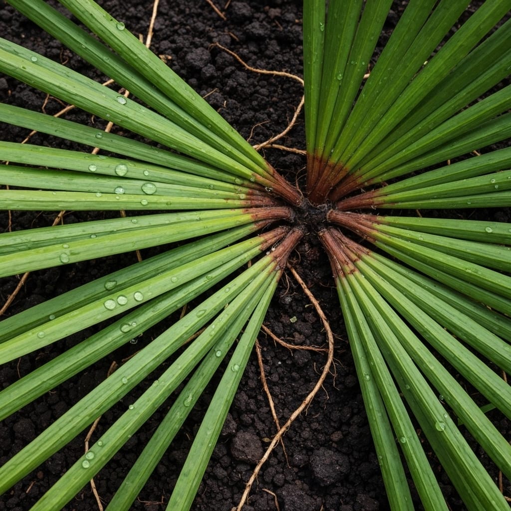 Close-up photo of overwatered plant roots showing rot damage in French garden setting, wilted leaves with water droplets, soil moisture visible, realistic photography with natural lighting, educational gardening scene showing watering mistake, professional horticulture documentation style, detailed textures of damaged plant tissue, shallow depth of field, natural earth tones, instructional botanical photography