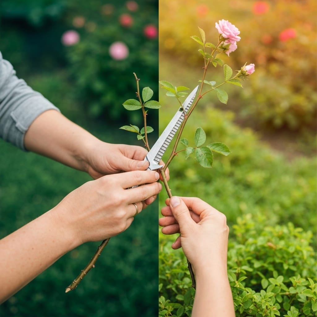 Close-up of gloved hands holding a rose branch, clearly showing the contrast between dead brown wood and healthy green living wood, professional pruning shears visible, natural garden lighting, realistic photography, detailed bark texture, French garden setting, expert gardening technique demonstration, high-quality tool detail, shallow depth of field, no text, no watermark