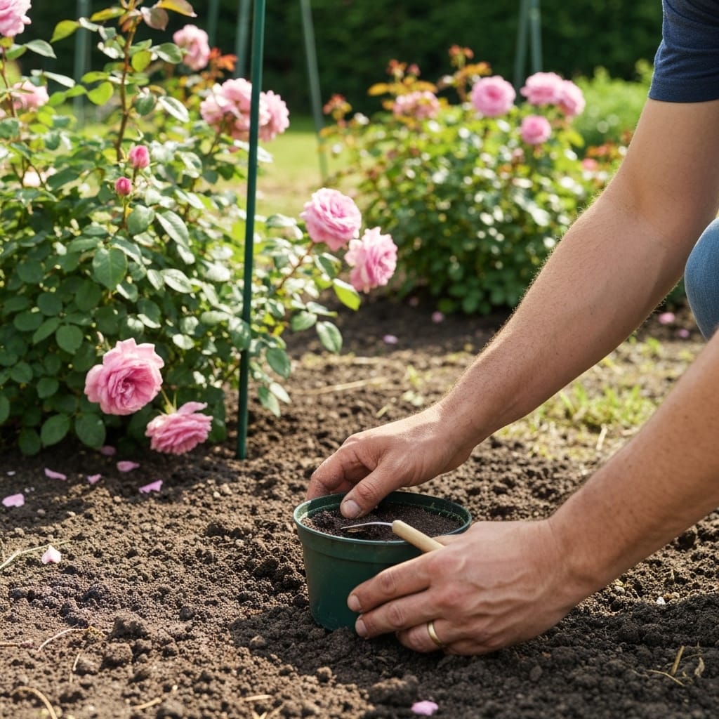 Close-up of hands applying organic fertilizer around the base of a climbing rose bush in a French garden, premium gardening gloves visible, rose stems in soft focus background, natural morning light, ultra-detailed soil texture, realistic photography style, professional horticulture scene, educational yet elegant mood, high-end gardening lifestyle aesthetic