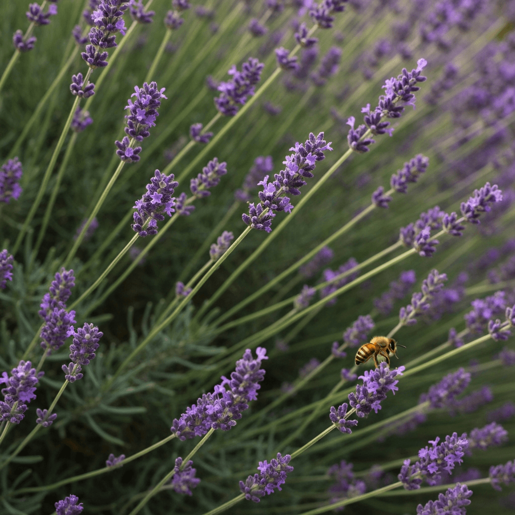 Close-up of vibrant purple lavender field in bloom with bee pollinating, sunny French Mediterranean garden, shallow depth of field, natural daylight, realistic photography, soft shadows, premium lifestyle aesthetic, no text