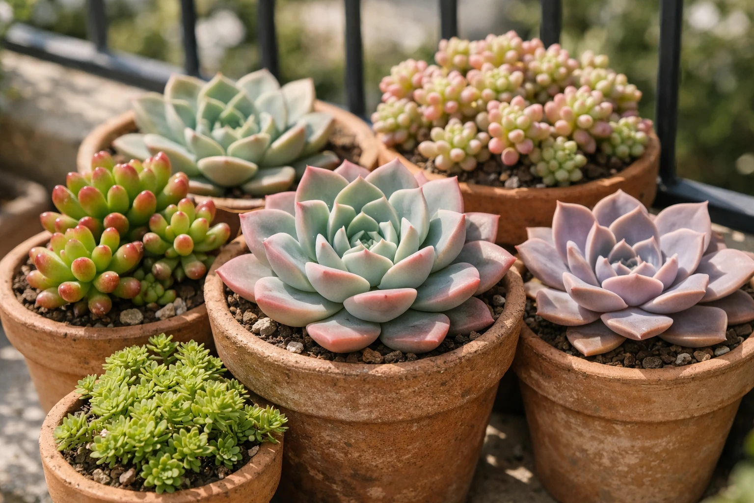 Variety of colorful succulents including sedums and echeveria in terracotta pots on sunny balcony, close-up photography showing rosette patterns and fleshy leaves, natural sunlight, realistic textures, premium French gardening aesthetic, shallow depth of field, warm natural tones