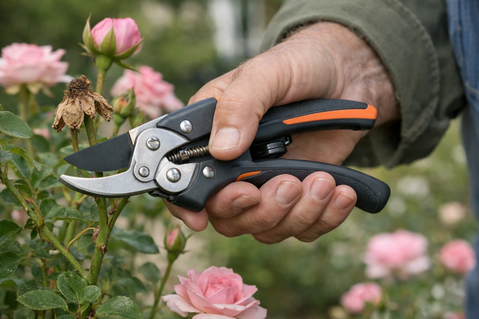 Close-up of ergonomic pruning shears with ratchet mechanism in a senior gardener