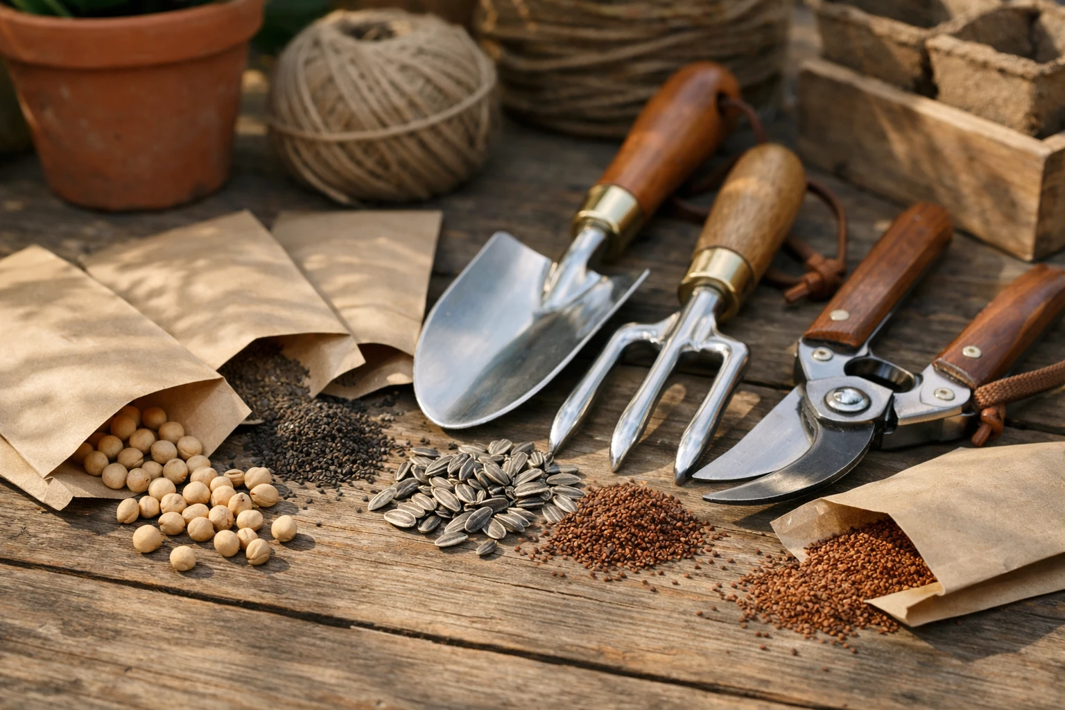 Close-up of certified organic seeds and high-quality garden supplies with authentic labels, natural lighting on wooden surface, premium gardening tools arranged next to seed packets, transparent product information visible, realistic photography style, natural colors, high detail, shallow depth of field, authentic French garden aesthetic, trustworthy and professional mood. No text, no logo, no watermark.