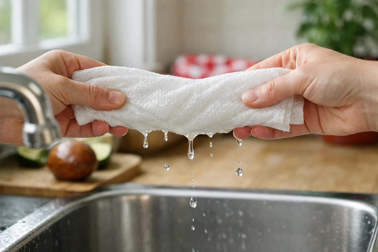 Close-up of hands gently wringing out damp paper towel over a kitchen sink, water droplets falling, natural daylight from window, realistic photography style, soft focus background showing avocado pit on counter, warm and clean atmosphere, detailed texture of wet paper towel fibers, professional gardening tutorial aesthetic, French home kitchen setting, no text, no logos