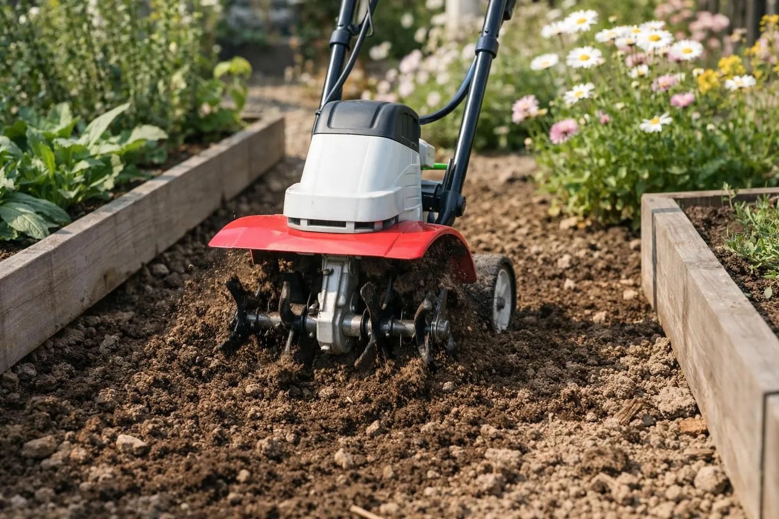 Compact electric tiller working in a small urban French garden between raised vegetable beds, close-up view showing narrow tilling width and lightweight design, natural morning light, realistic photography, detailed soil texture, flowering herbs in background, professional yet accessible gardening atmosphere, no text