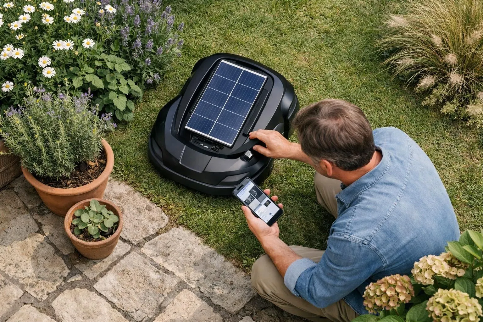 Homeowner examining a compact solar-powered robotic lawn mower in a French suburban garden, comparing technical specifications on a smartphone app. The robot is parked on neatly trimmed grass, solar panel visible on top. Natural afternoon light, realistic photography, warm and practical atmosphere, professional lifestyle aesthetic. Person crouched down next to the robot, attentive posture, decision-making moment. Garden features ornamental shrubs and flower beds in background. High detail, shallow depth of field, trustworthy and expert mood. No text, no logo, no watermark.