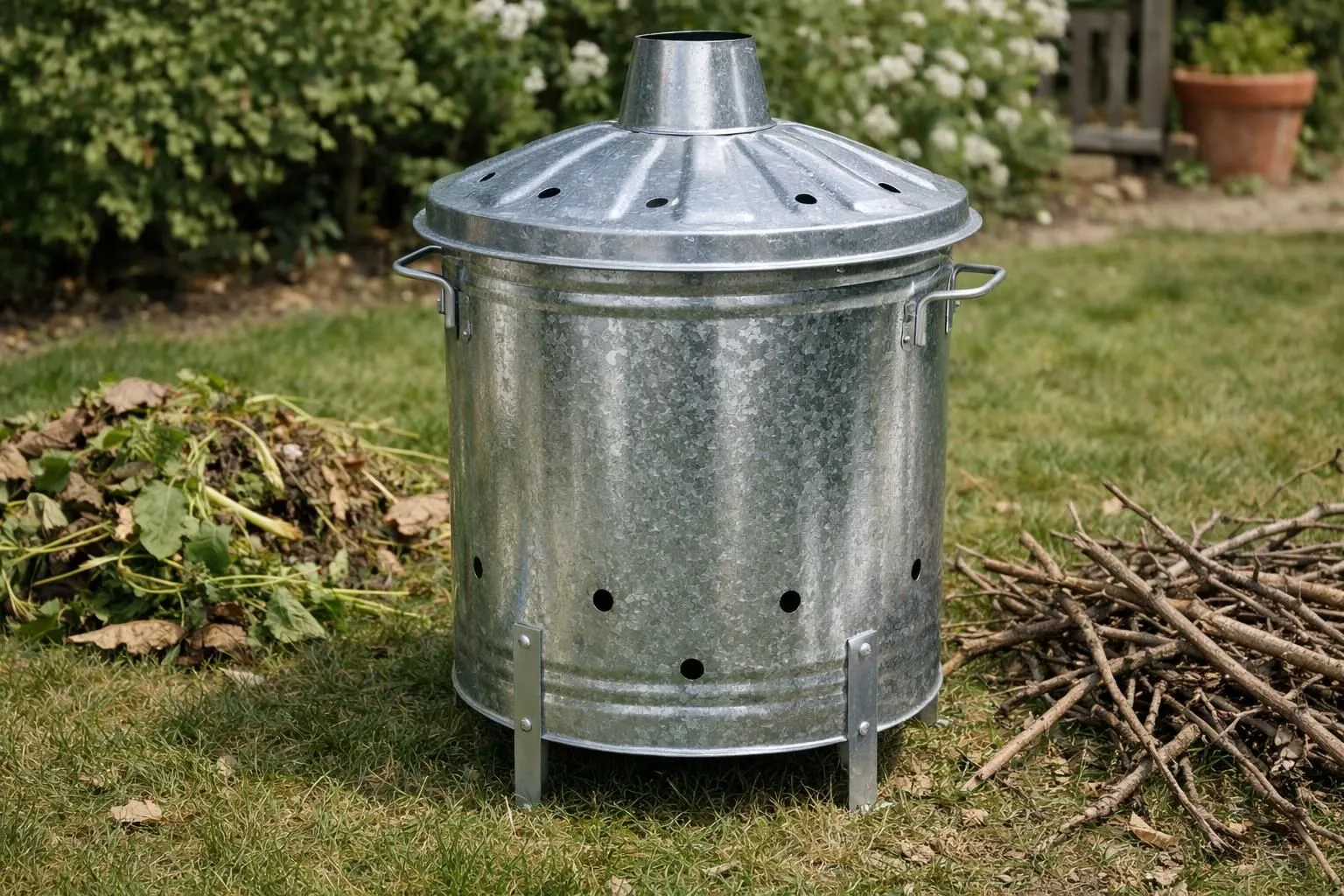Close-up of a robust galvanized steel garden incinerator in a French backyard, showing detailed zinc coating texture with metallic silver finish, positioned on grass near garden waste and dry branches, autumn setting with fallen leaves, natural daylight highlighting the corrosion-resistant surface, realistic photography, sharp details, professional product documentation style, eco-friendly outdoor waste management context