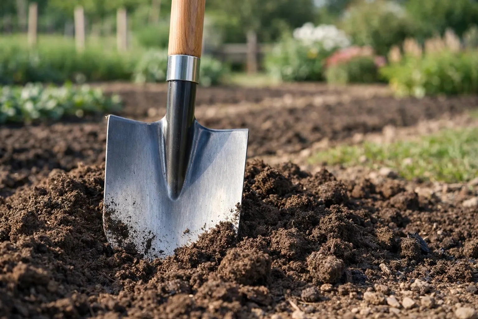 Close-up of a premium garden spade (bêche) planted in rich French soil, with freshly turned earth around it. Natural morning light illuminating the metal blade and wooden handle. Background shows blurred garden rows and ornamental plants. Realistic photography, shallow depth of field, earthy tones, professional gardening tool detail, high-end lifestyle aesthetic.