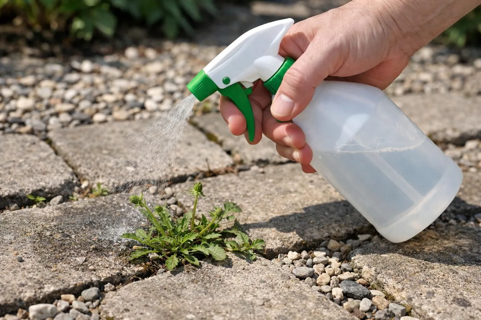 Close-up of hand holding spray bottle treating weeds growing between paving stones with white vinegar, French garden terrace with stone pavers and gravel, sunny day with harsh shadows, realistic photography, high detail on weed texture and mineral surface, professional gardening scene, natural lighting, authentic DIY garden maintenance atmosphere