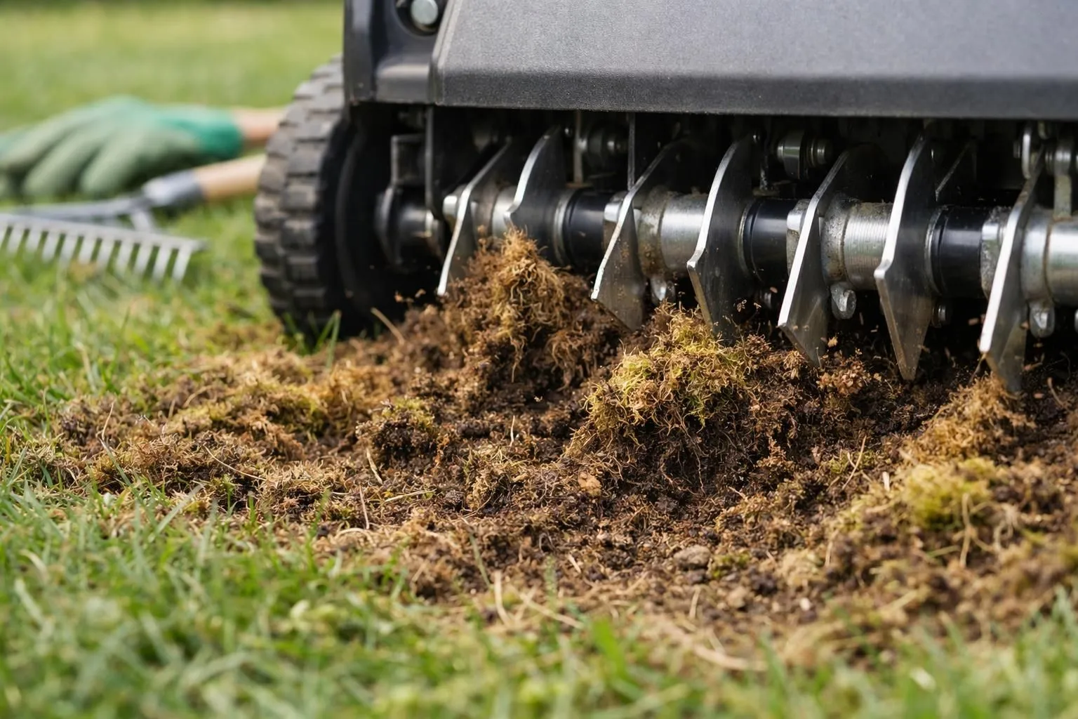 Close-up of a professional scarifier machine with metal tines penetrating French lawn soil, removing thatch and moss layers, natural garden setting, realistic photography, high detail on soil texture and grass roots, soft morning light, gardening gloves and rake visible in background, high-end landscaping tools, authentic French suburban garden atmosphere
