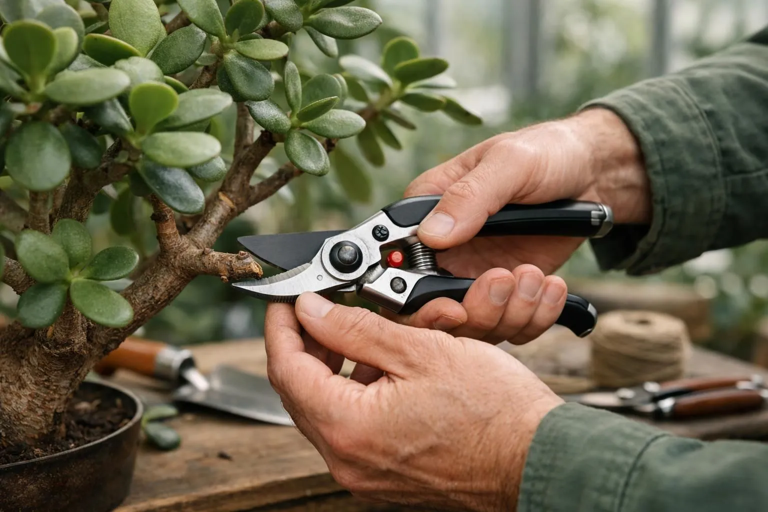 Close-up of gardener's hands using professional pruning shears to trim jade plant (Crassula ovata) branches in a bright French conservatory, shaping the succulent into a miniature tree form. Natural sunlight streaming through windows, detailed texture of thick fleshy leaves and woody stems visible, realistic photography, shallow depth of field focusing on the pruning action, elegant garden tools on rustic wooden table, premium French gardening atmosphere, soft green tones, no text, no watermark.