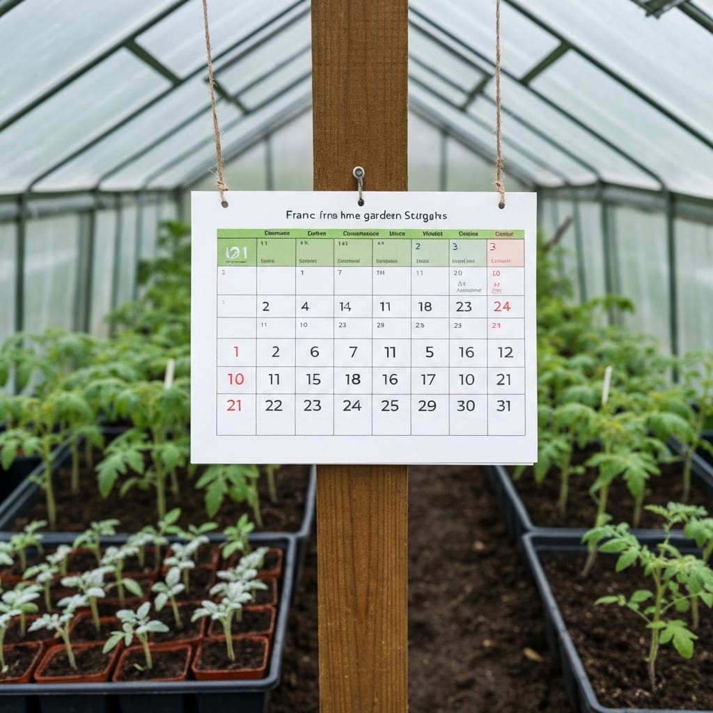 French home garden calendar hanging on wooden fence post showing spring planting dates, with frost-damaged tomato seedlings in foreground and healthy protected plants in greenhouse background, natural morning light, educational gardening scene, realistic photography, shallow depth of field, cautionary yet hopeful mood
