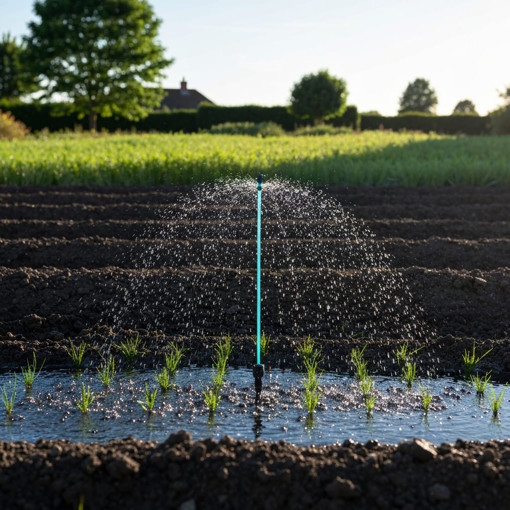 Close-up of a drip irrigation system installed at the base of a climbing rose bush in a French garden, water droplets visible on dark soil, green healthy foliage in soft focus background, morning sunlight, realistic photography style, natural colors, shallow depth of field, professional gardening setup, eco-friendly watering technique