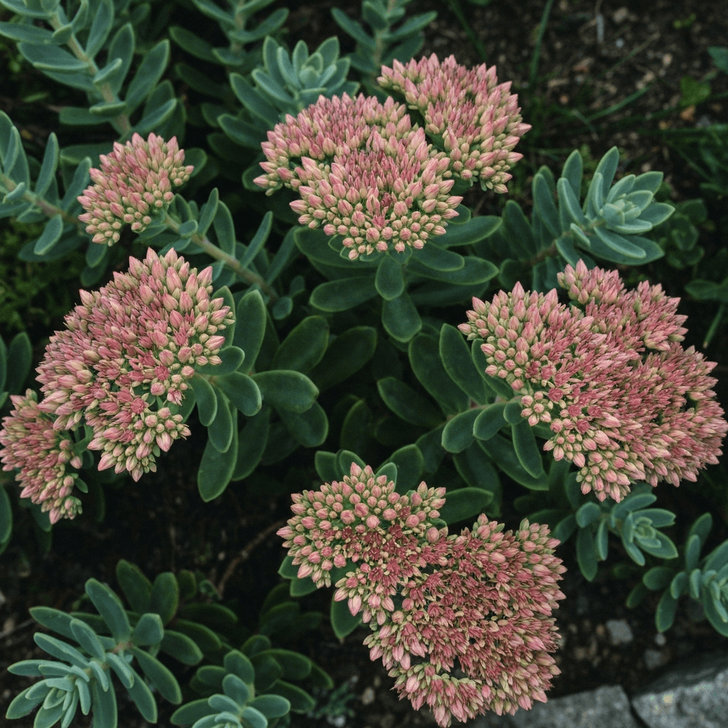 Close-up photograph of vibrant sedum stonecrop plants with fleshy leaves and pink-red flower clusters in a French garden rockery. Natural sunlight highlighting the succulent texture, realistic detail, shallow depth of field. No text or watermark.