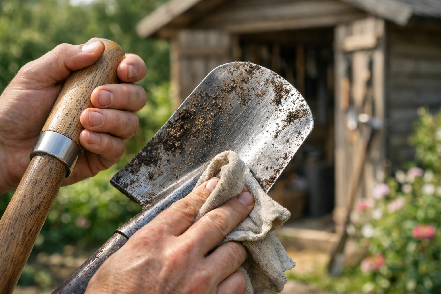 Close-up hands cleaning a premium garden spade with a cloth after use, dirt and soil visible, French garden setting with wooden tool shed in soft-focus background, natural afternoon light, realistic photography style, detailed metal textures showing quality craftsmanship, warm and practical atmosphere, gardening maintenance routine, high-end tools, eco-friendly aesthetic, no text