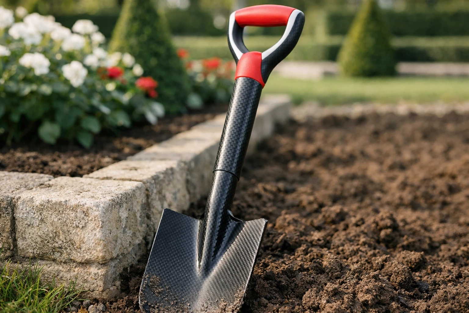 Close-up of a lightweight carbon fiber garden spade leaning against a French garden border, ergonomic handle visible, freshly turned soil in background, natural morning light, realistic photography style, shallow depth of field, premium gardening tool detail, natural colors, high-end lifestyle aesthetic