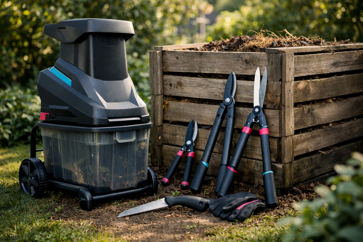 Modern electric garden shredder and manual pruning tools arranged beside a wooden compost bin in a French suburban garden, close-up shot showing eco-friendly equipment, natural morning light, vibrant green foliage background, realistic photography, high detail, sustainable gardening lifestyle aesthetic, no text or logos