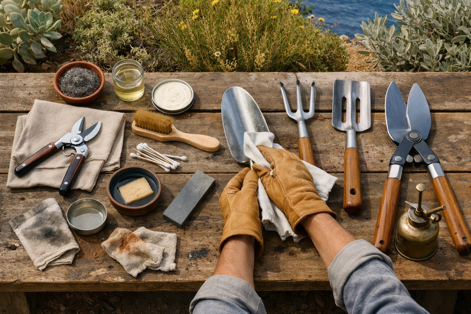 Close-up of well-maintained garden tools being cleaned and protected against rust in a Mediterranean climate setting. Premium secateurs, pruning shears, and spades laid on a workbench with cleaning materials and protective oil. Warm natural light showing metallic surfaces with protective coating. Background showing coastal vegetation and hints of sea salt environment. Realistic photography, sharp focus on tool maintenance, professional gardening care atmosphere, natural colors, high detail.