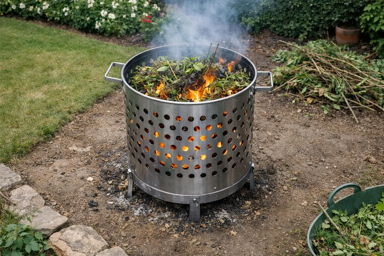Close-up of a perforated steel garden incinerator in action in a French suburban garden, flames visible through circular holes in the metal, orange glow from controlled combustion, green waste burning inside, realistic photography, natural daylight, detailed metal texture showing strategic perforation pattern, functional design aesthetic, safe outdoor setting, no text or watermark