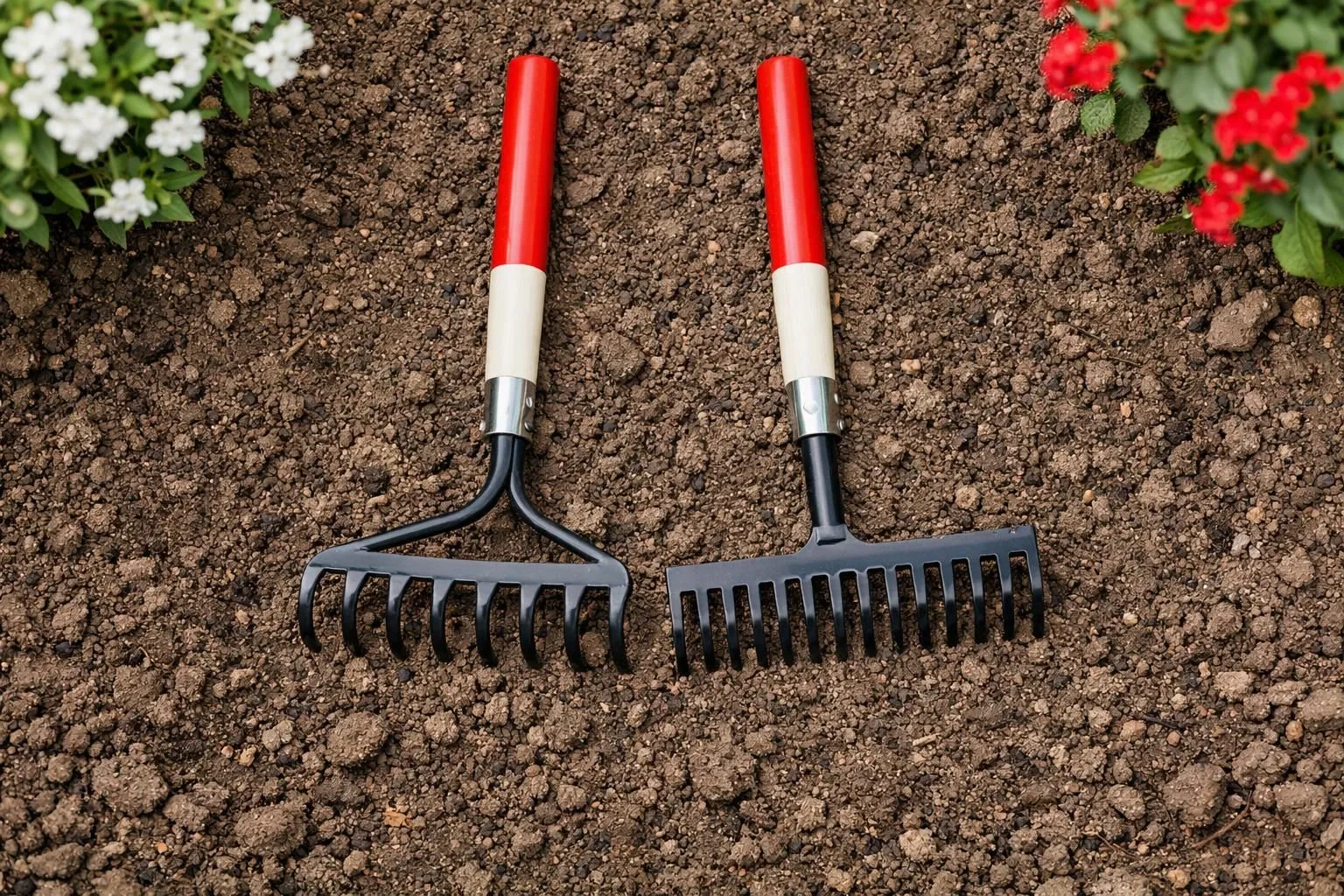 Close-up of two premium garden rakes (one with curved tines, one with straight tines) lying on freshly leveled garden soil in a French residential garden, natural morning light casting soft shadows, ultra-detailed metal tines and wooden handles, realistic photography showing texture of earth and tools, professional gardening atmosphere, elegant lifestyle aesthetic, shallow depth of field with blurred ornamental plants in background, no text