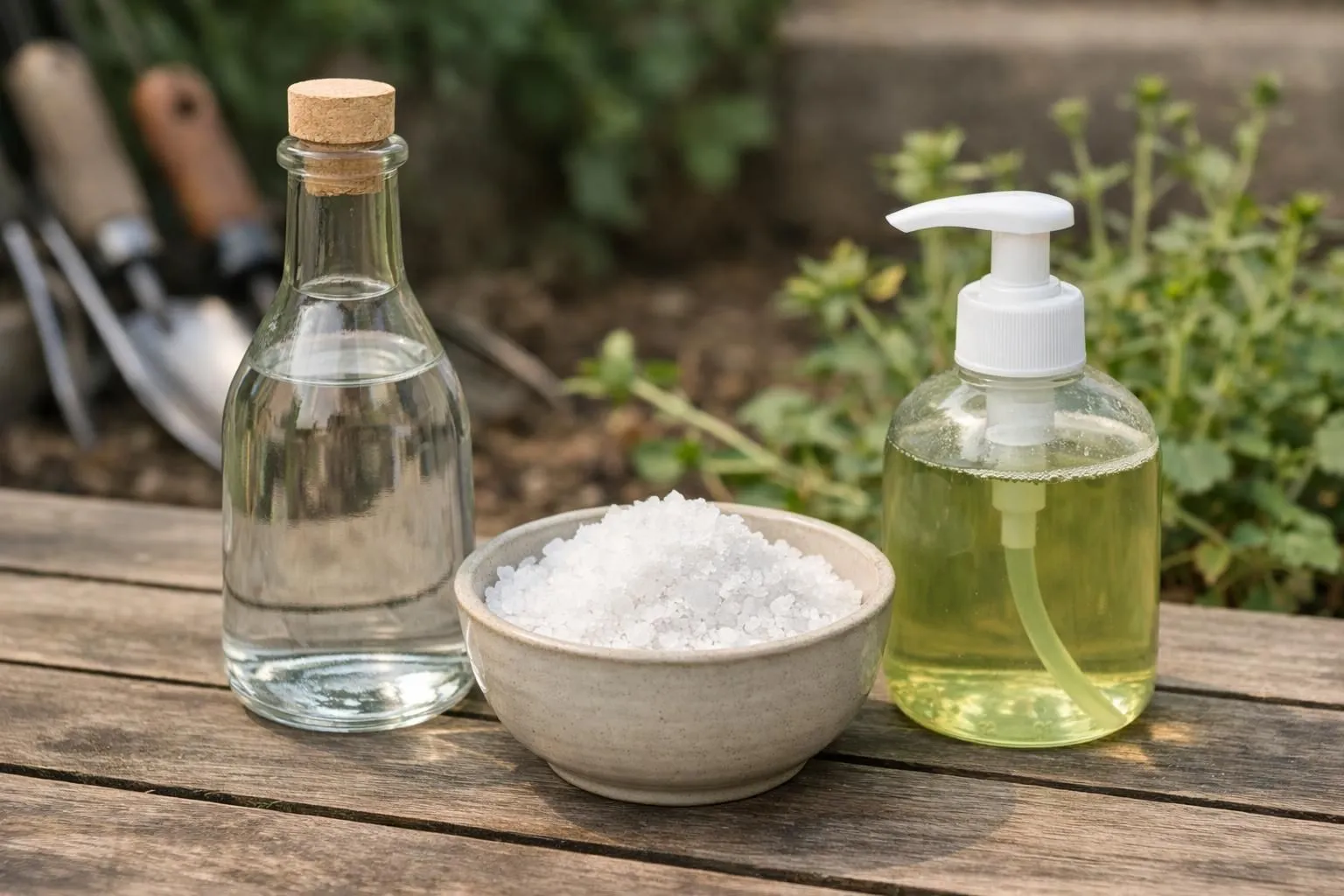 Close-up of three natural weed control ingredients arranged on a garden table in France: a glass bottle of white vinegar, coarse salt in a ceramic bowl, and eco-friendly dish soap. Garden tools and resistant weeds visible in the blurred background. Natural daylight, realistic photography, authentic French garden atmosphere, high detail, shallow depth of field.