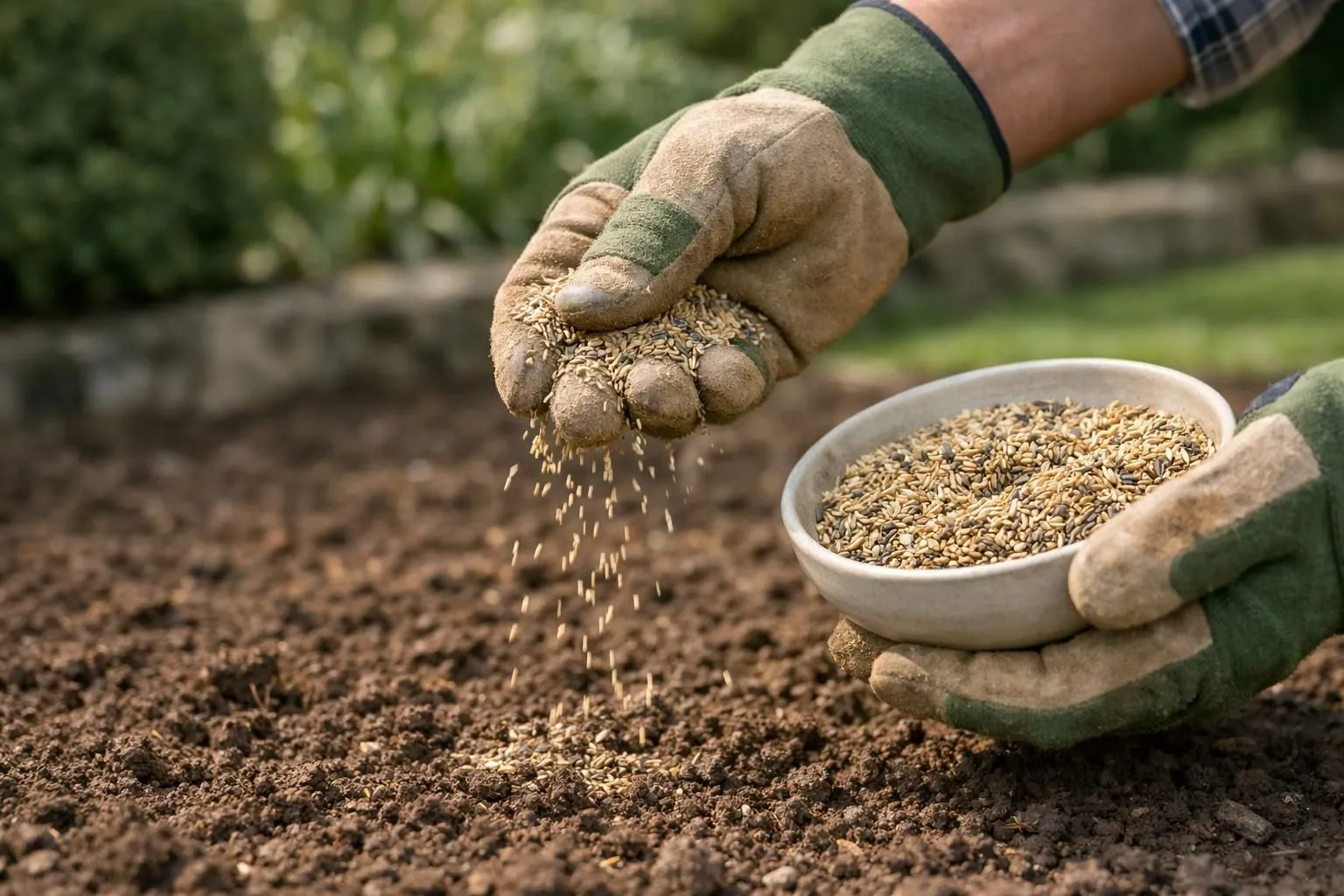 Close-up of hands spreading grass seed mix over prepared soil in a French garden, showing different types of grass seeds (ray-grass, fescue) in a bowl, natural sunlight, selective focus on seeds falling onto brown soil, professional gardening gloves, shallow depth of field, realistic photography, natural earth tones, high detail, premium gardening atmosphere, no text