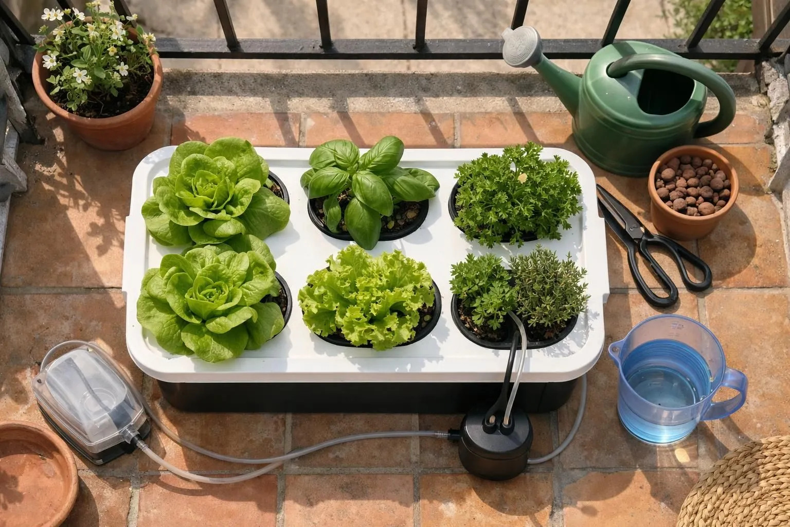Small indoor hydroponic garden setup on a sunny French apartment balcony, compact DWC system with lettuce and herbs growing, natural sunlight streaming through, realistic home gardening scene, beginner-friendly equipment visible, clean and organized setup, natural colors, authentic French urban gardening lifestyle, no text or labels