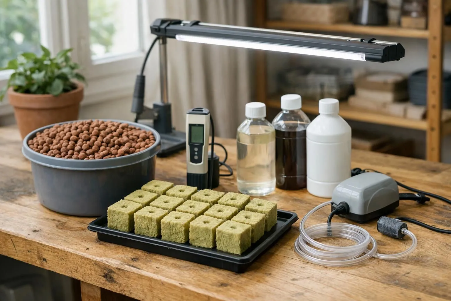 Organized hydroponic equipment setup on wooden workbench in French home interior. Clay pebbles in open bag, LED grow light fixture, nutrient solution bottles, digital pH meter, small air pump, rockwool cubes neatly arranged. Natural window light, clean professional workspace, realistic photography style, soft shadows, high detail, eco-friendly gardening atmosphere, no text, no watermark, no labels.