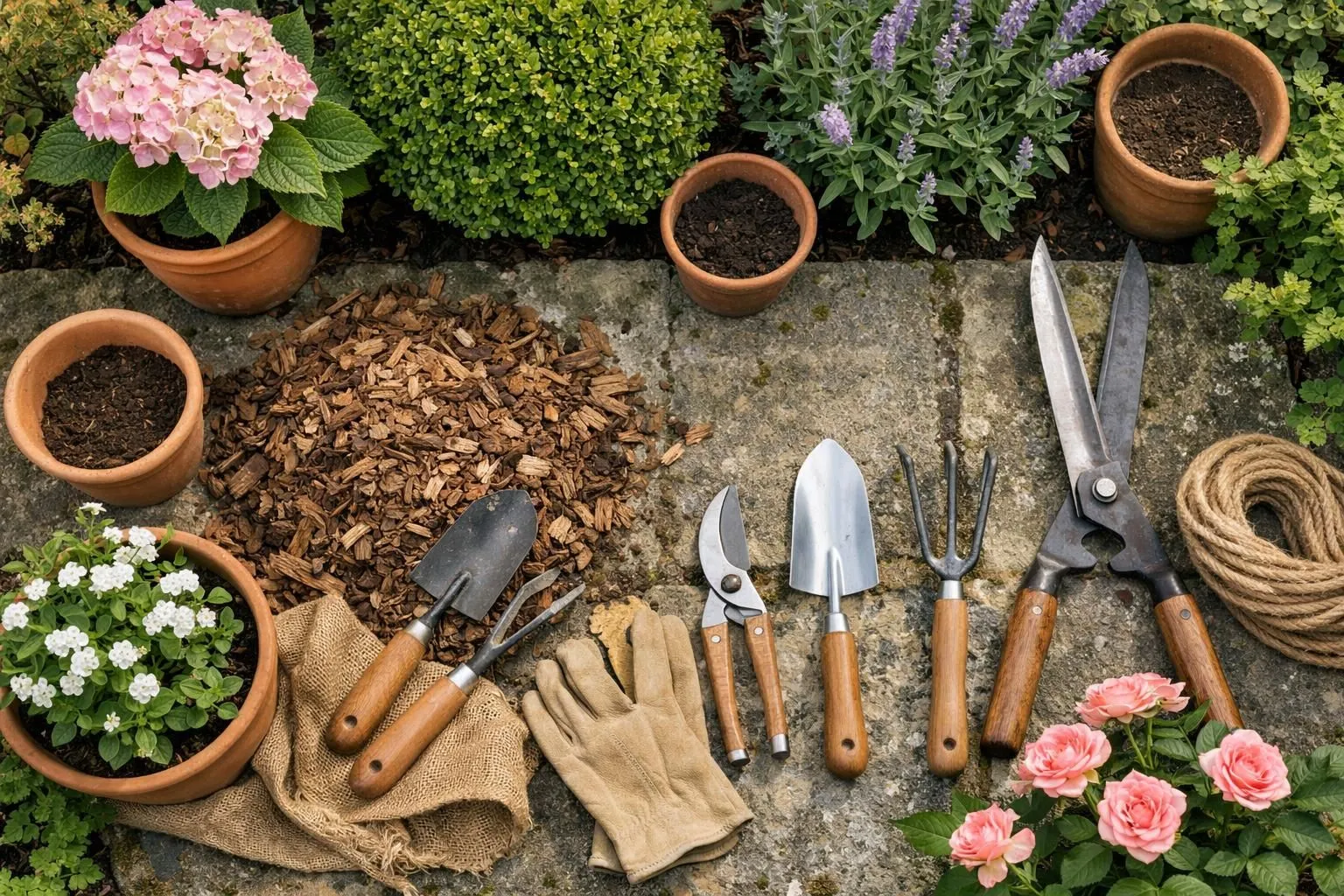 Gardening tools, potted plants, and flowers on a stone surface.