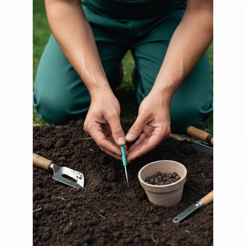 Close-up of hands testing soil quality in a French garden, gardener crumbling dark, rich earth between fingers to assess texture, small clay pot with soil samples nearby, natural outdoor lighting, realistic photography, detailed soil texture visible, professional gardening tools in soft background blur, educational and practical atmosphere, high-end lifestyle aesthetic, natural colors, shallow depth of field