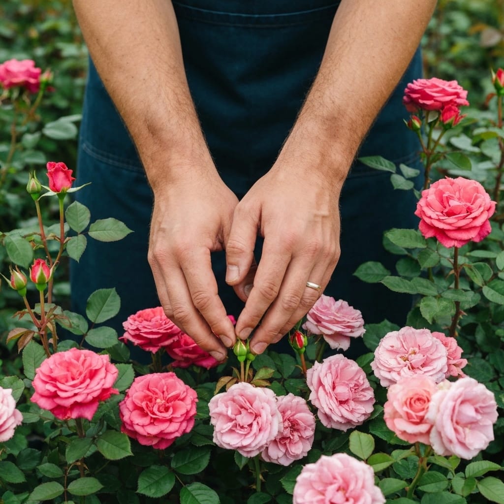 Professional gardener pruning different types of roses in a French garden, showing close-up of hands using secateurs on climbing roses and bush roses, natural morning light, realistic photography, detailed textures of rose stems and buds, elegant French garden background, high-end lifestyle aesthetic, no text
