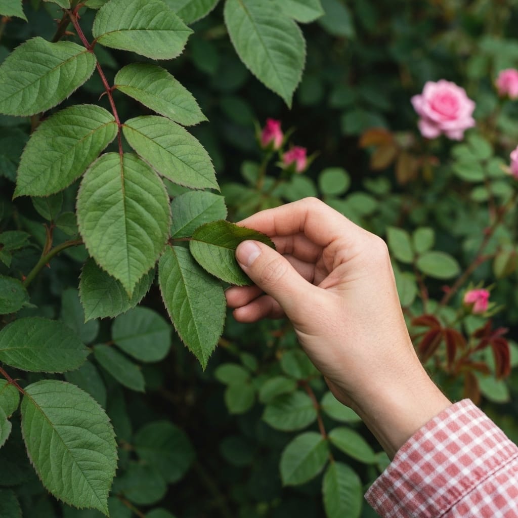 Close-up photo of climbing rose leaves showing early signs of fungal disease (black spots and white powder), with a gardener