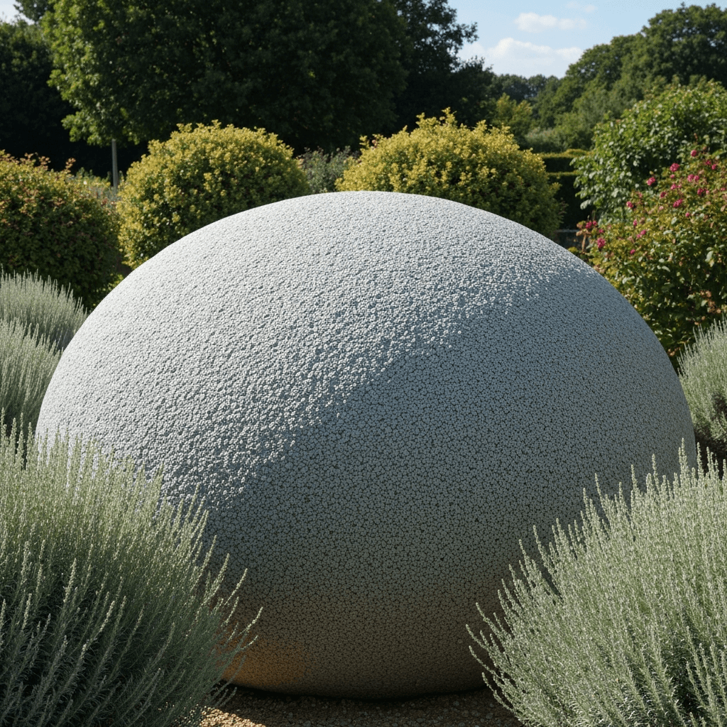 Close-up photo of silvery-grey Santolina shrubs in a French garden border, showing their distinctive aromatic foliage and compact rounded shape, natural sunlight highlighting the texture, professional gardening context, realistic photography, shallow depth of field, elegant garden design aesthetic, no text