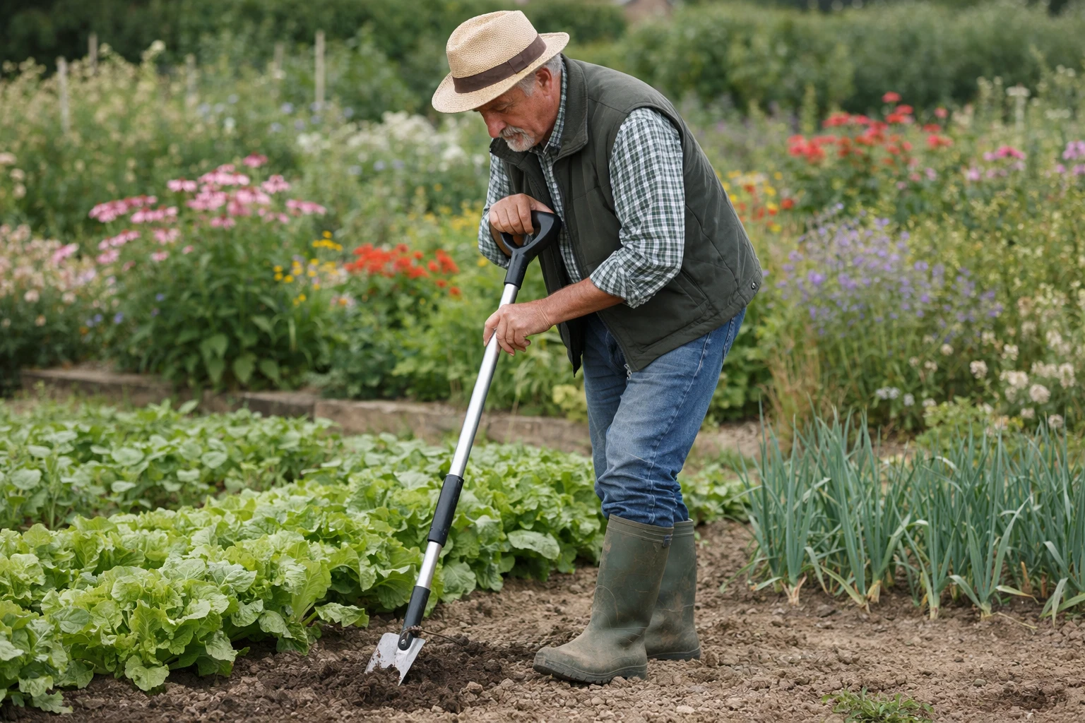 Senior gardener using a long-handled transplanter while standing comfortably in a French garden, surrounded by blooming flowers and vegetable plants, natural daylight, ergonomic gardening tool visible, realistic photography style, authentic outdoor scene, soft focus background with colorful perennials, professional quality image showing proper posture, warm and inviting atmosphere