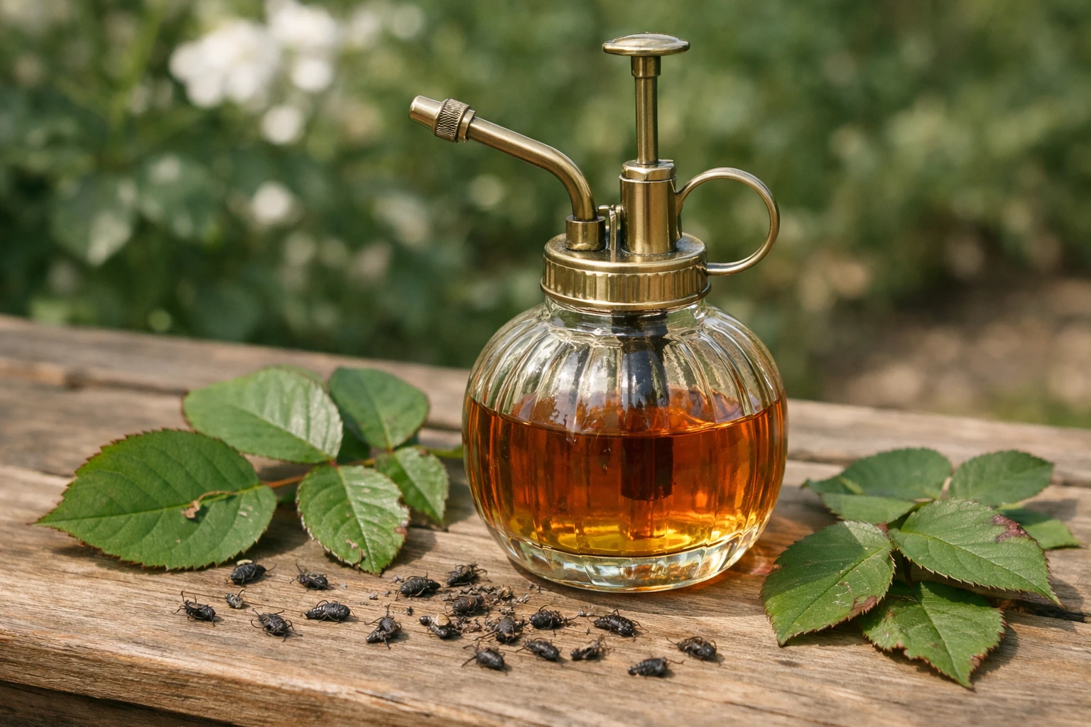Gros plan d'un vaporisateur artisanal translucide contenant un liquide ambré (savon noir dilué) posé sur une table de jardin en bois naturel, entouré de feuilles de rosier saines et de quelques pucerons morts sur une feuille au premier plan. Arrière-plan flou montrant un jardin français verdoyant avec des fleurs colorées. Lumière naturelle douce du matin. Photographie réaliste ultra-détaillée, ambiance écologique et pratique, couleurs naturelles, profondeur de champ réduite, style lifestyle haut de gamme.