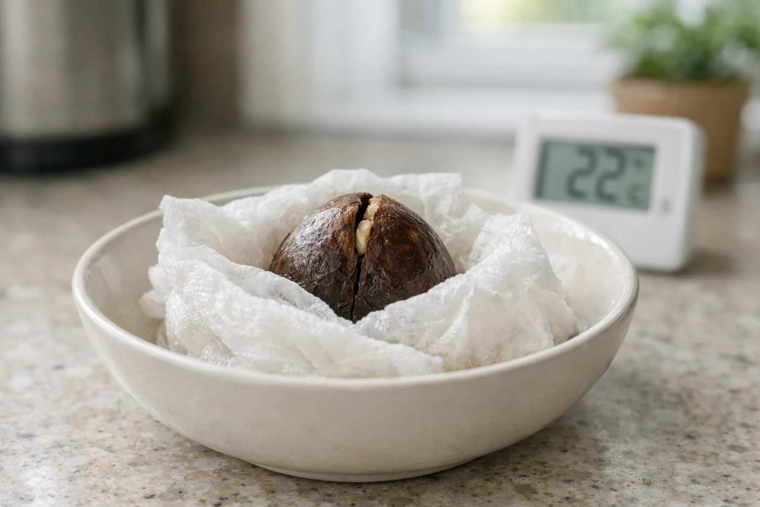 Close-up photograph of an avocado pit wrapped in damp paper towel placed in a shallow dish on a kitchen counter, with a thermometer showing 22°C nearby and soft natural indirect lighting from a window in the background. Realistic photography style, shallow depth of field focusing on the wrapped pit, natural textures, warm homey atmosphere, high detail of water droplets on paper towel. French home interior with plants in background. No text, no labels.