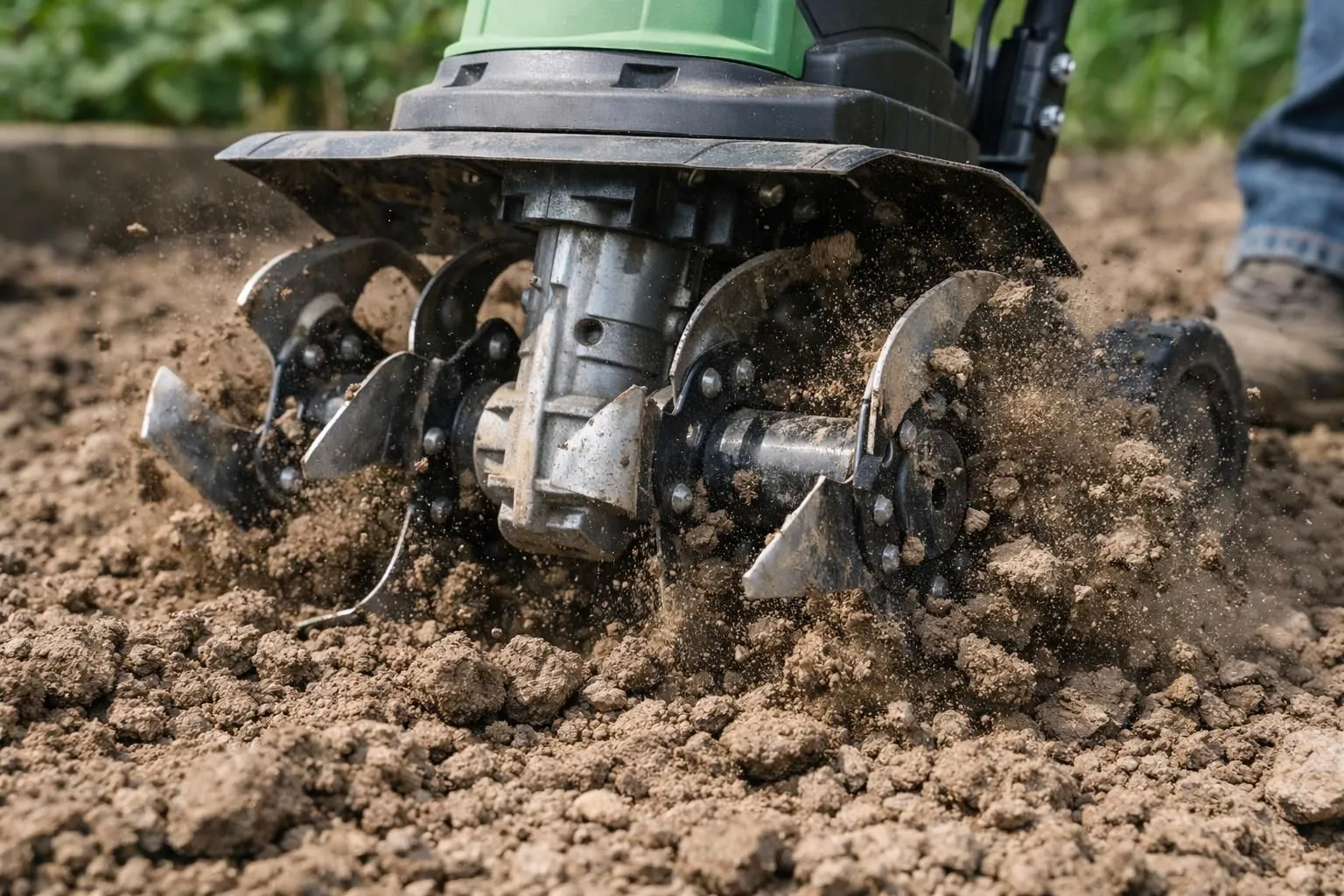 Close-up of a powerful electric tiller working in compact clay soil in a French garden, showing the rotating tines breaking through hard earth, dust particles visible in natural sunlight, realistic photography, high detail on metal blades and soil texture, professional gardening equipment in action, authentic outdoor setting