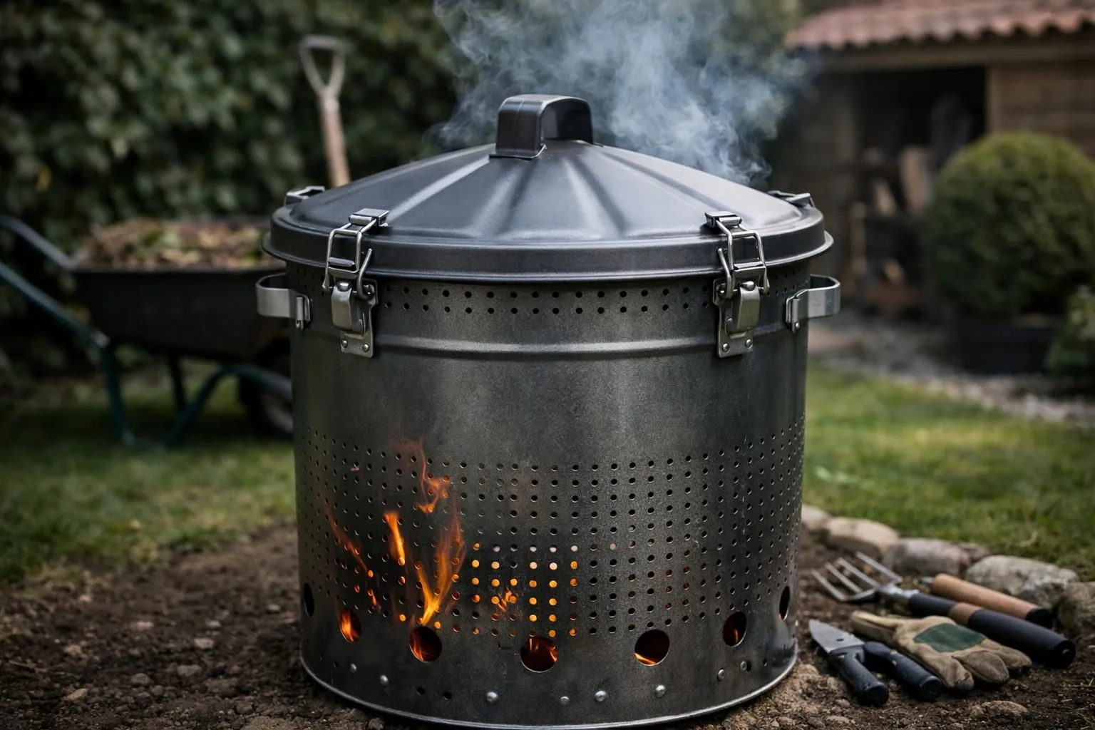 Close-up of a 200-liter metal garden incinerator with secure lid in a French residential garden, visible safety features, perforated steel construction, natural daylight, realistic photography showing controlled combustion safety, soft smoke wisps, professional gardening equipment, high detail, natural colors, shallow depth of field, premium outdoor maintenance atmosphere