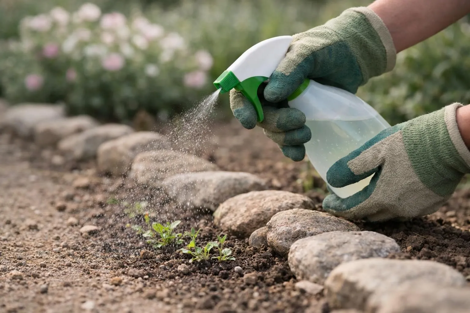 Close-up hands in gardening gloves spraying gentle mist of diluted solution on garden pathway border in French garden, early morning light, water droplets visible, young weeds just emerging from soil, eco-friendly spray bottle, natural stones, soft focus background with flowers, realistic photography, warm natural colors, preventive maintenance atmosphere, high detail, trustworthy and caring gardening approach