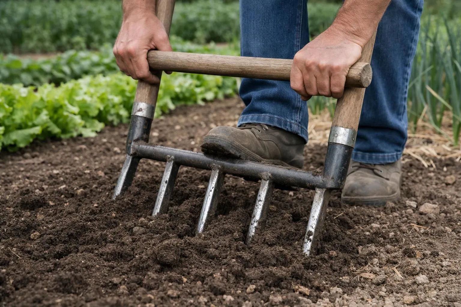Close-up of hands holding a traditional grelinette tool in French vegetable garden, plunging metal tines into rich dark soil, natural daylight, realistic photography showing proper tool positioning and technique, organic garden setting with vegetable rows visible in background, authentic gardening scene, high detail on crafted wooden handles and forged metal tines, shallow depth of field, professional yet rustic atmosphere