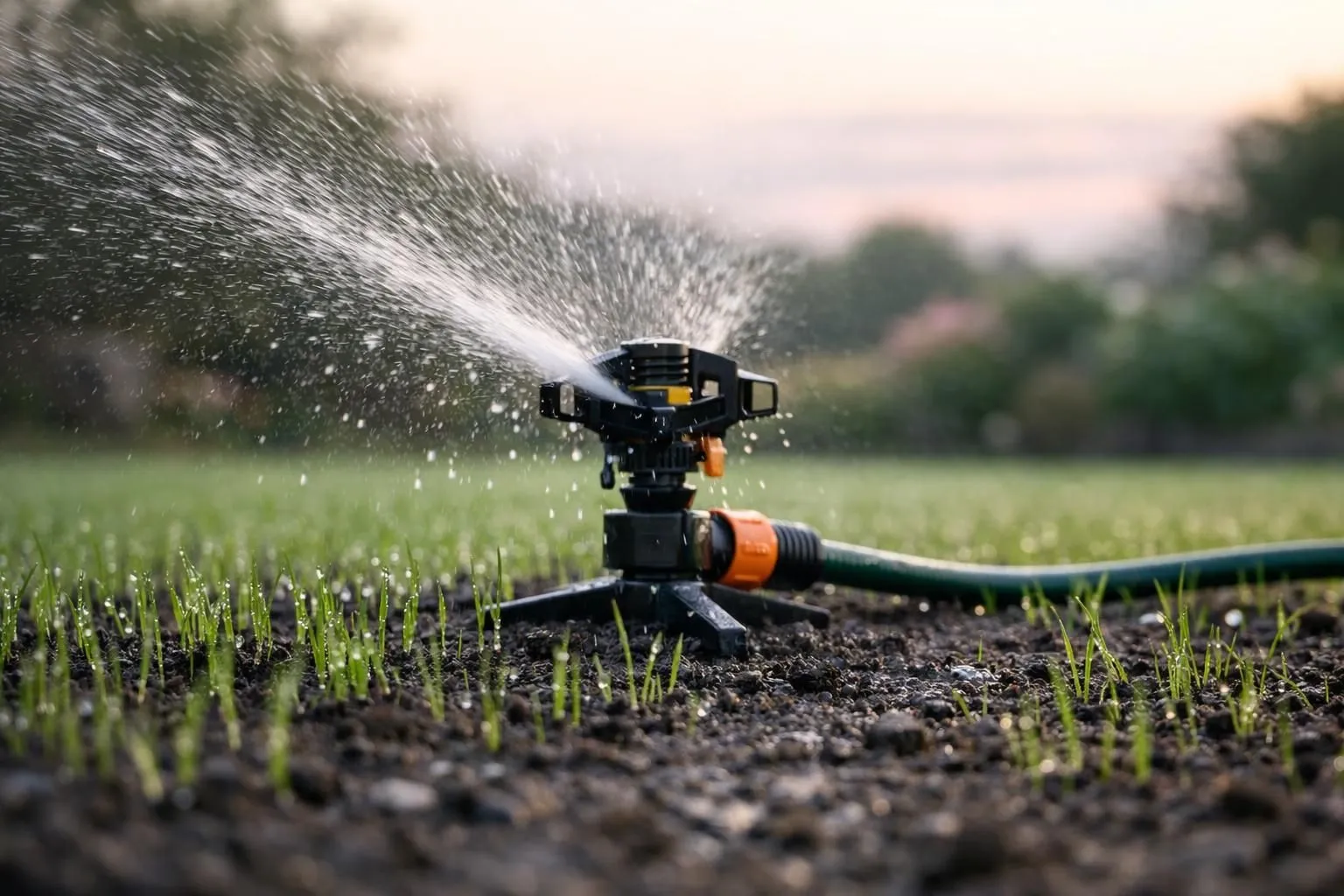 Close-up of a lawn sprinkler watering newly seeded grass in a French garden at early morning, water droplets visible on emerging green shoots, soft natural sunlight, shallow depth of field, realistic photography, professional gardening equipment, moist dark soil texture, high detail, trustworthy and premium atmosphere