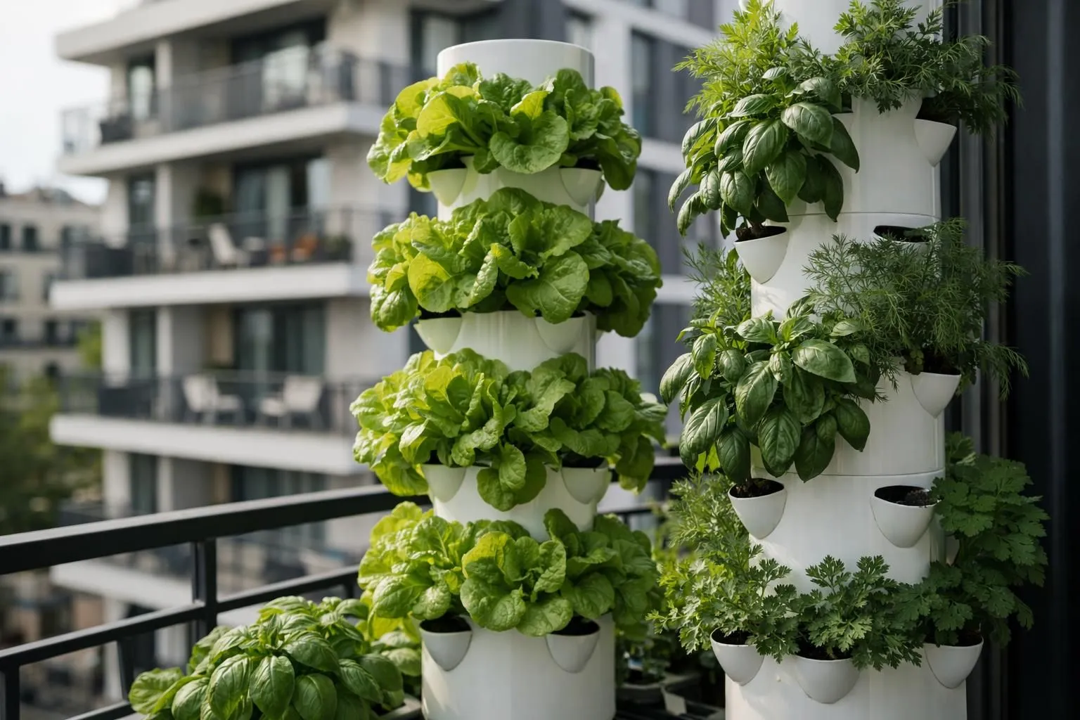 Vertical hydroponic system on a French urban balcony in Paris, lush green lettuce and herbs growing in white towers, modern apartment building visible in background, natural daylight filtering through, realistic photography, shallow depth of field, contemporary urban gardening lifestyle, clean aesthetic, no text or labels