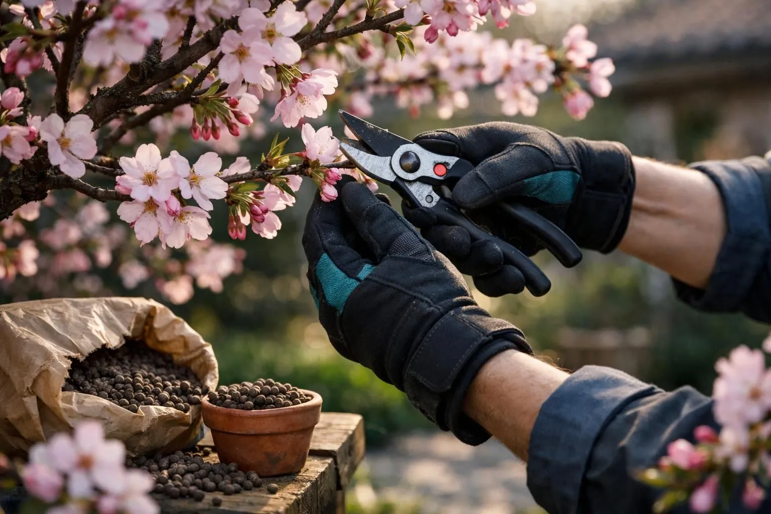 Close-up of a mature ornamental cherry tree in full bloom being carefully tended by gardener hands with pruning shears, soft morning light filtering through pink blossoms, premium gardening gloves and organic fertilizer visible in foreground, French suburban garden setting, shallow depth of field, realistic photography style, natural colors, professional horticulture care scene