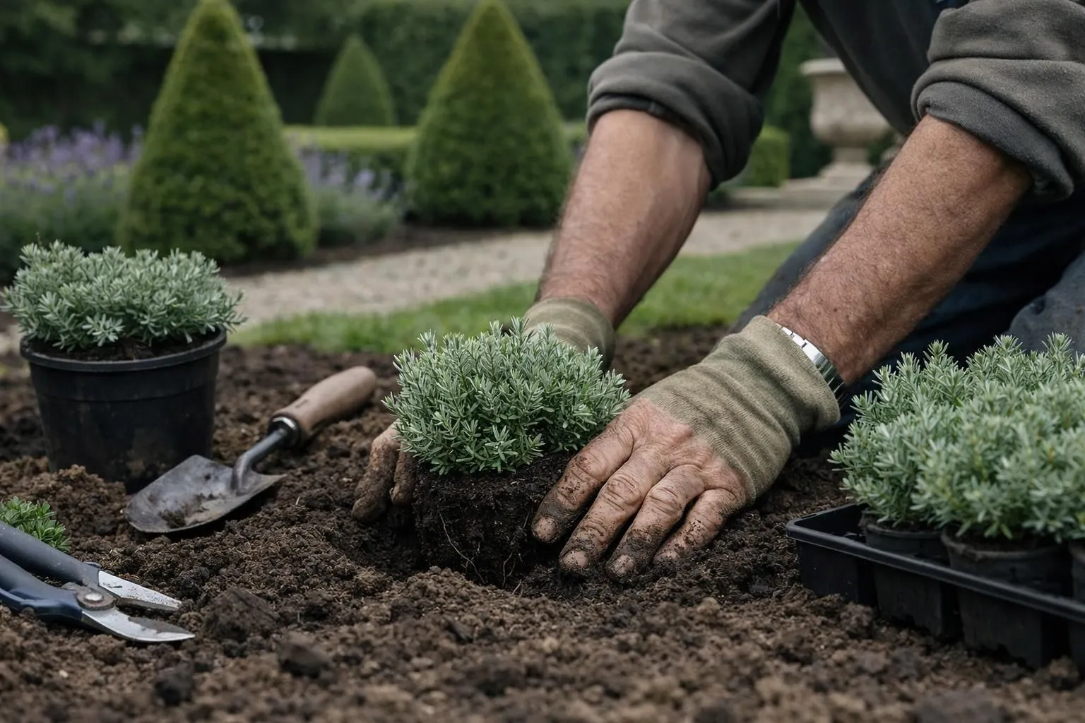 Hands planting green shrubs in garden with landscaping tools.