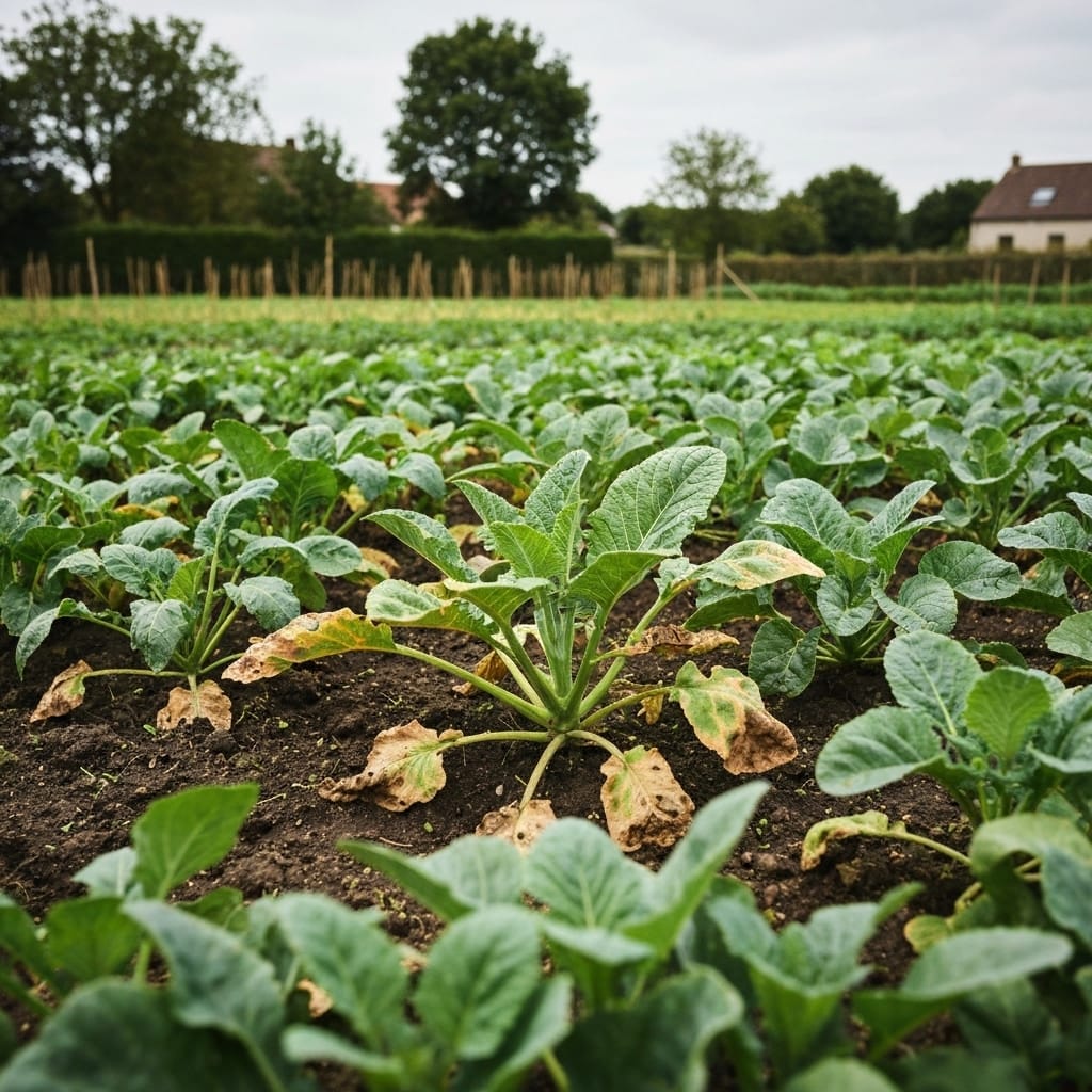 Close-up photo of overcrowded vegetable seedlings in a French garden, plants touching each other with yellowing leaves showing disease signs, visible fungal spots, poor air circulation evident, natural daylight, realistic photography, educational gardening mistake example, shallow depth of field focusing on diseased plant leaves, authentic French potager atmosphere, no text
