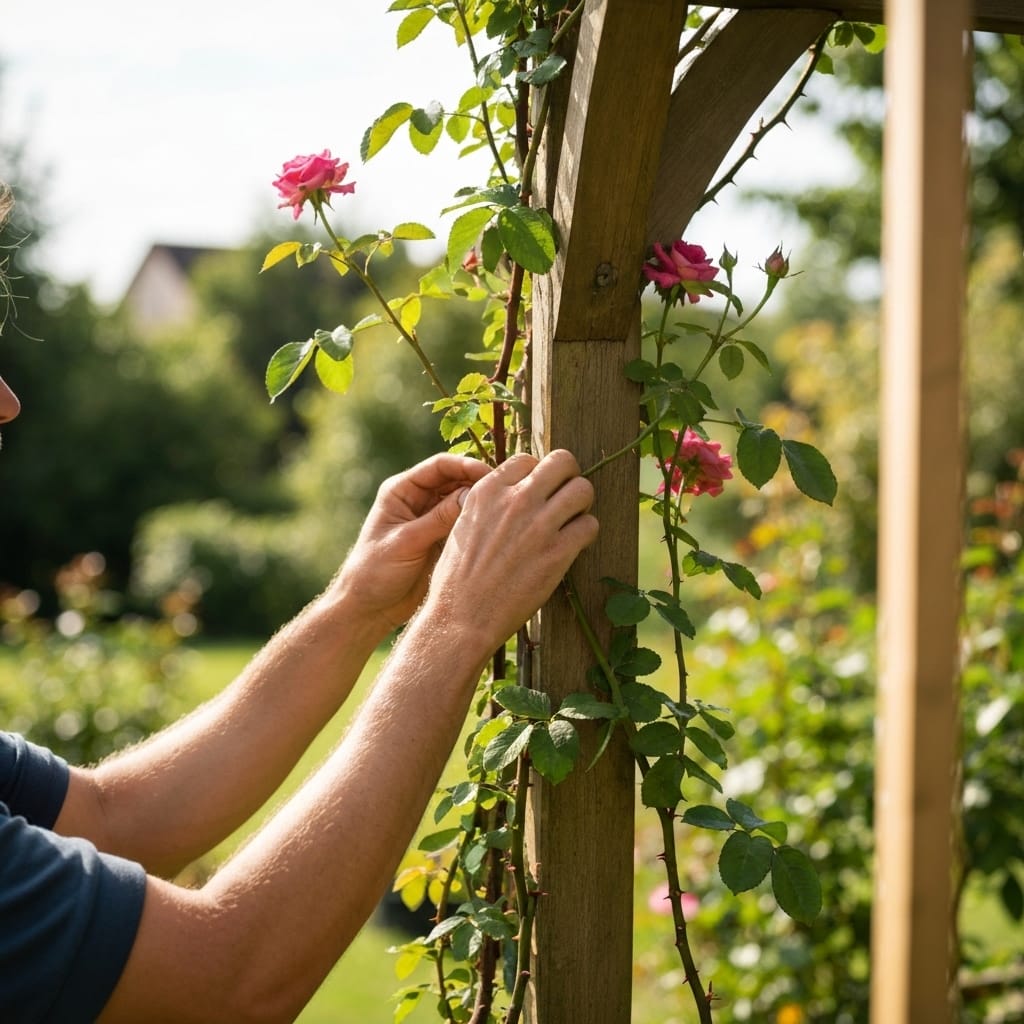 Hands of a French gardener tying climbing rose canes horizontally on a wooden trellis with natural twine, close-up showing proper training technique, mulch visible at the base, sunny French garden background, realistic photography, shallow depth of field, natural morning light, professional yet approachable gardening scene