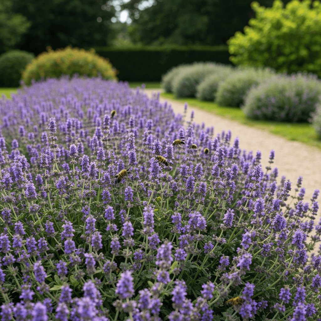 Dense carpet of flowering thyme covering garden ground between stepping stones, close-up showing tiny pink and purple blooms with bees visiting, aromatic Mediterranean herb groundcover, natural sunlight, ultra-detailed textures of small green leaves, realistic photography, soft focus background, French garden pathway, high-end landscaping aesthetic, no text