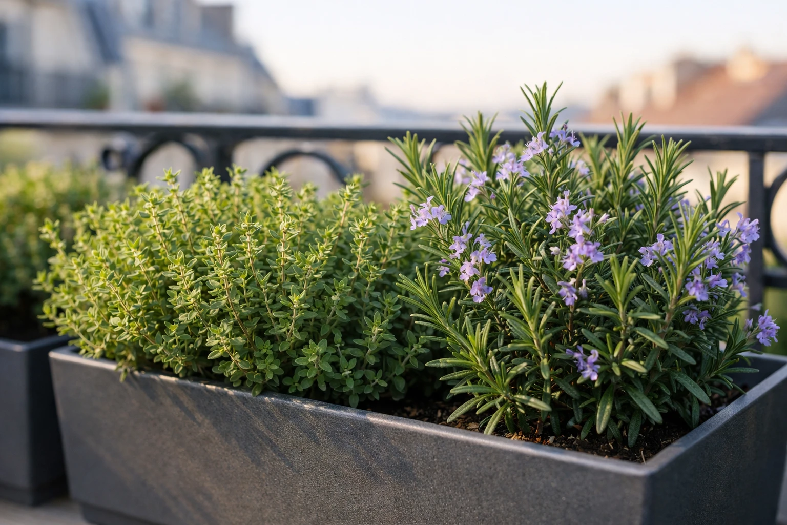 Close-up of fresh thyme and rosemary plants growing in modern gray rectangular planters on a French balcony, natural morning light, vibrant green foliage with purple rosemary flowers, realistic photography, shallow depth of field, aromatic herbs ready for culinary harvest, urban gardening lifestyle, high detail on leaves texture, warm Mediterranean atmosphere