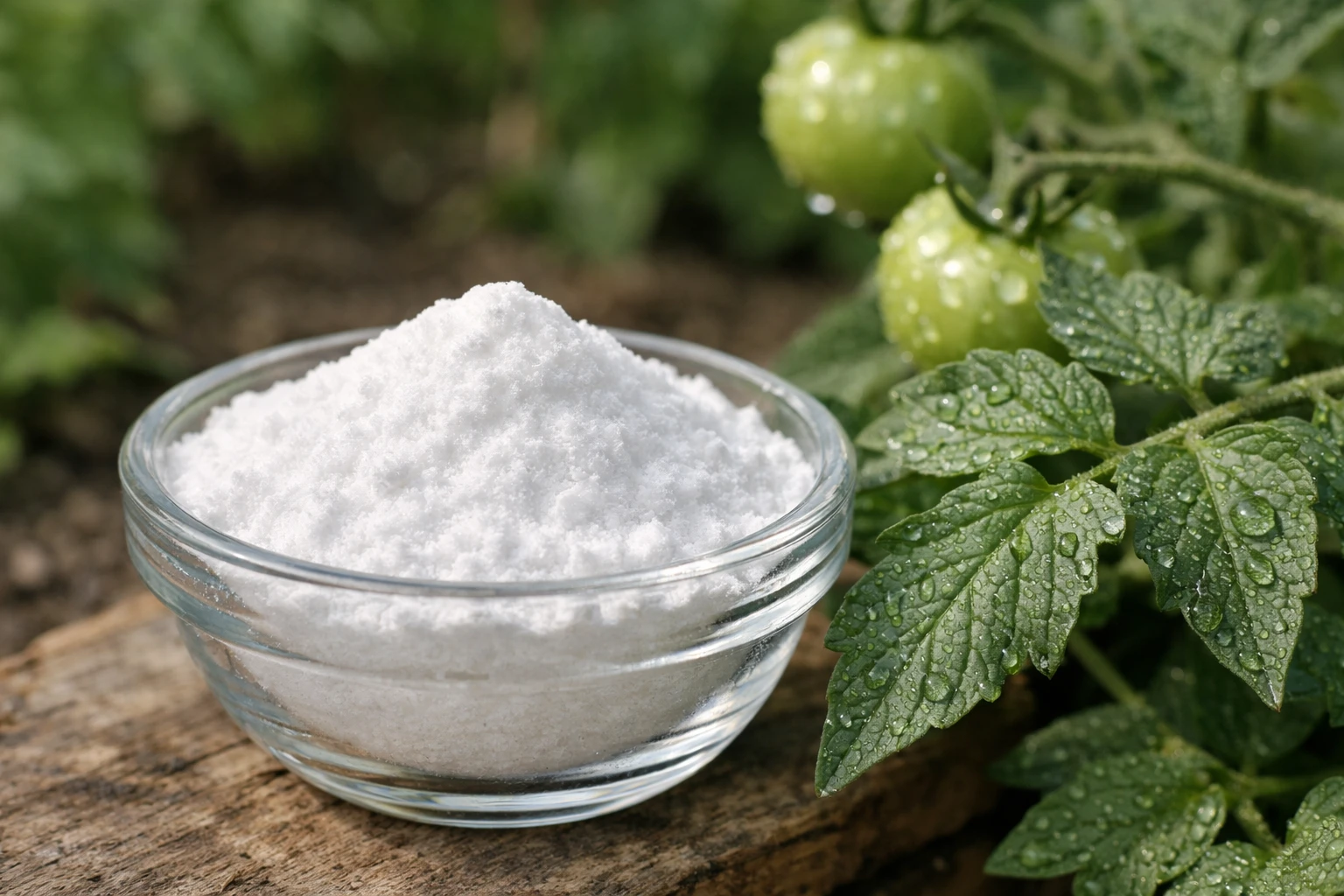 Close-up photograph of white baking soda powder in a small glass bowl next to healthy green tomato plant leaves with water droplets, garden setting in France, natural daylight, shallow depth of field, realistic photography style, eco-friendly organic gardening atmosphere, soft focus background with vegetable garden, high detail textures, no text or labels